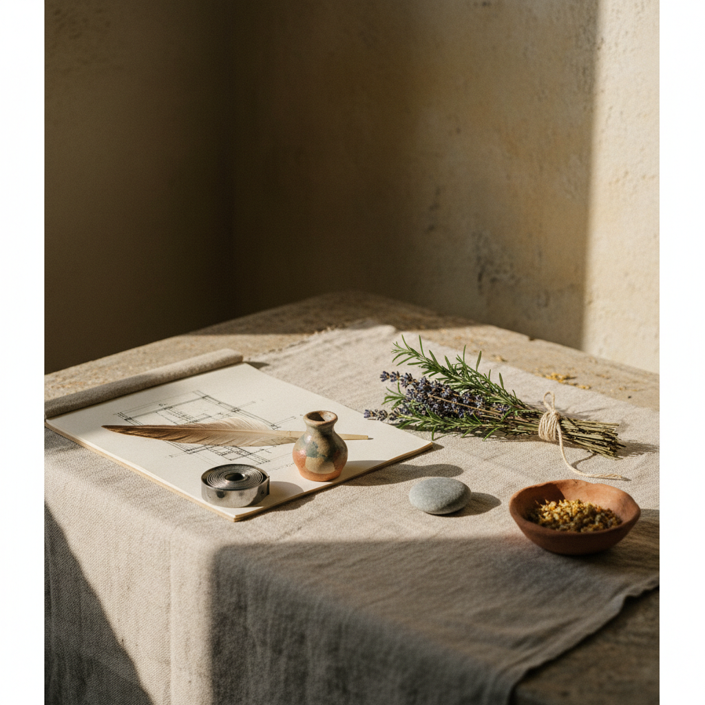 Whitewashed Mediterranean room with olive tree and soft sea light